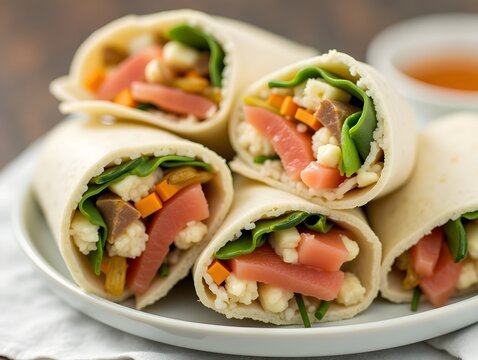 Handheld Sushi Burritos with Fresh Fish, Vegetables, and Rice Fillings