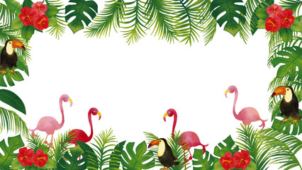 水彩風　フラミンゴとオオハシとトロピカル熱帯植物のセット飾りフレーム2（16:9）Summer Tropical Series:Watercolor Tropicall Frame with Leaves,Birds,Hibiscus © kanichi