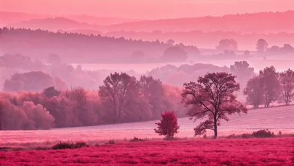 Fototapeten Crimson fields and misty hills in a pink dawn landscape © Monisha