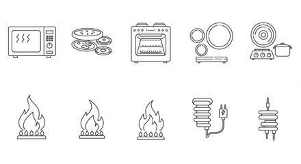 Obraz premium A collection of kitchen appliances and cooking elements in a line art style on a white background