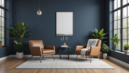 Modern interior of living room with leather armchair on wood flooring and dark blue wall