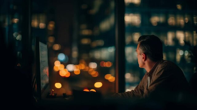 Man works at office desk at night, gazing thoughtfully at computer screen, city bokeh lights glowing in window behind, shallow depth of field, slow locked-off framing