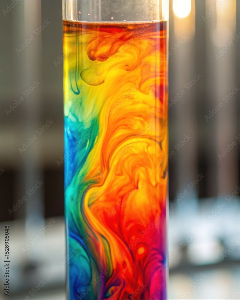 Poster Vibrant Fluid Mixing in Test Tube Displaying Colorful Swirls and Patterns