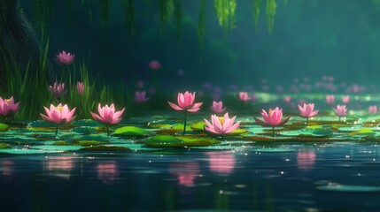 5.A vibrant landscape featuring pink water lilies floating amidst their lush green pads, reflecting softly on the still waters under the gentle light of dawn.