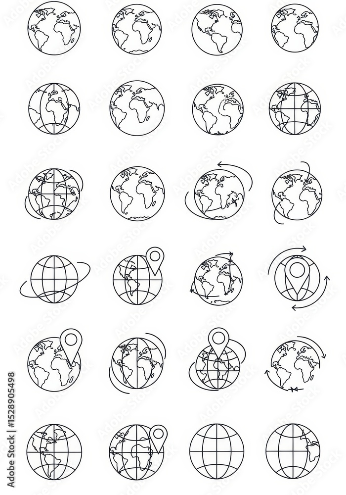 Poster collection of various earth globe icons in outline style showing different perspectives and features