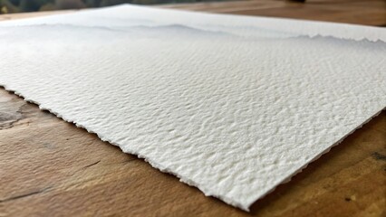 Watercolor paper with distant mountains on wooden surface