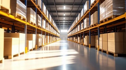 Empty warehouse interior with rows of shelves filled with cardboard boxes and packaged products, illuminated by overhead lighting system. - Powered by Adobe
