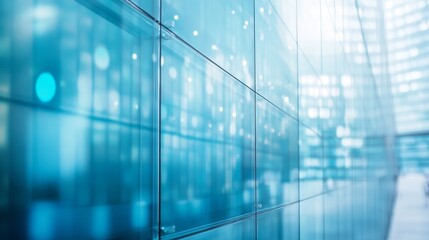 Blurred glass facade of contemporary corporate office building in modern business district with soft reflections, ideal for technology, innovation, or corporate background themes




