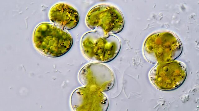 Brown motion in Cosmarium algae cells under microscopy view 