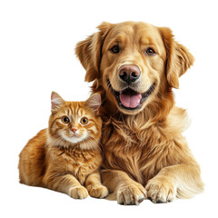 Golden retriever and tabby cat sitting isolated on transparent background.