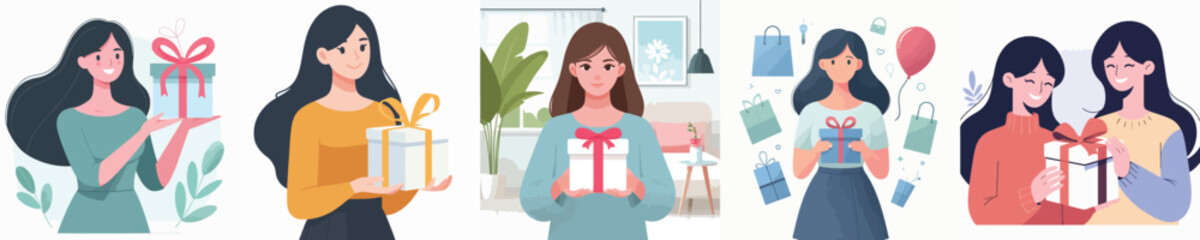 vector female character holding gift