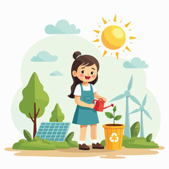 Smiling Girl with Solar Energy and Green Plants - Earth Day Vector