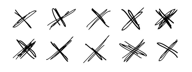 Grunge crosses, X marks, emphasis accentuation hand-drawn elements. Rejected sign marker striking out reject sign, sketchy brush stroke. Isolated. Vector illustration