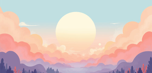 Dreamy Sunset Landscape with Pastel Clouds and Purple Hills