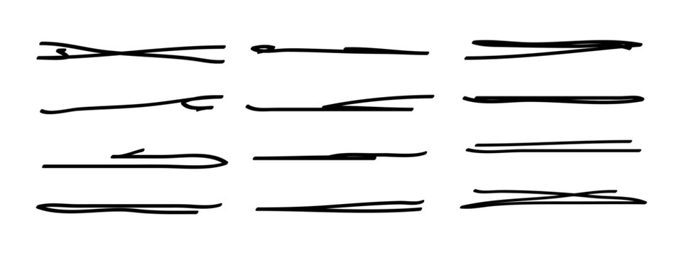 Underlines set, hand drawn accentuation marker pen strokes. Doodle style divider separator handwritten collection wavy curly various strips art lines. Isolated. Vector illustration