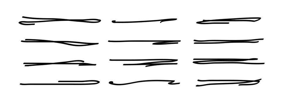 Underlines set, hand drawn accentuation marker pen strokes. Doodle style divider separator handwritten collection wavy curly various strips art lines. Isolated. Vector illustration