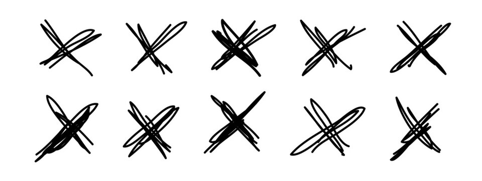 Grunge crosses, X marks, emphasis accentuation hand-drawn elements. Rejected sign marker striking out reject sign, sketchy brush stroke. Isolated. Vector illustration