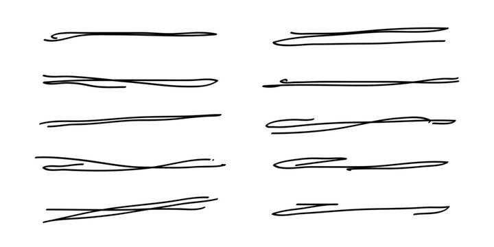 Underlines set, hand drawn accentuation marker pen strokes. Doodle style divider separator handwritten collection wavy curly various strips art lines. Isolated. Vector illustration