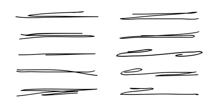 Underlines set, hand drawn accentuation marker pen strokes. Doodle style divider separator handwritten collection wavy curly various strips art lines. Isolated. Vector illustration