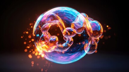 Vibrant colorful abstract bubble with glowing sparkles and swirling patterns on dark background