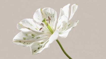 26.A detailed macro shot of a single delicate flower, its smooth white petals adorned with soft green spots, standing tall on a thin, graceful stem.