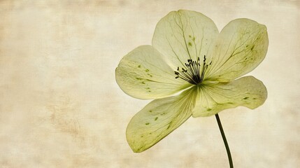 29.A minimalist composition of a fragile flower with smooth petals marked by vibrant green spots, isolated against a soft, neutral background.