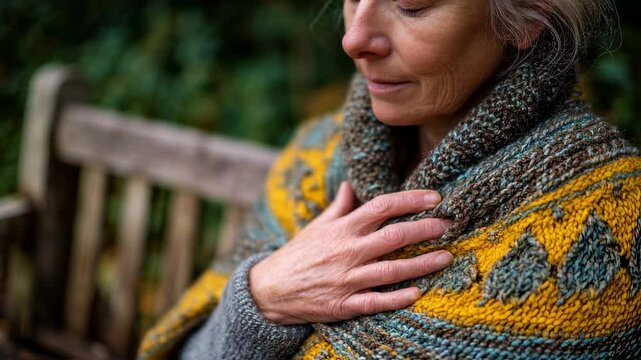 Closeup of a woman wearing a handknitted shawl, sitting on a bench outside the shrine, her eyes closed as she rests her hands on her heart in a peaceful meditation.