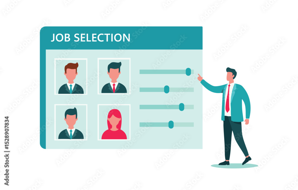 Poster flat illustration streamlining job selection process - a visual guide to candidate evaluation and hi