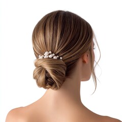 Elegant bridal updo hairstyle with pearl hair accessory for wedding and special occasion hair styling ideas