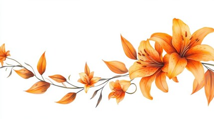 55.Blooming Orange Lily Stem on White Background