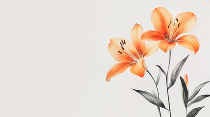 55.Blooming Orange Lily Stem on White Background