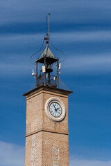 Clock tower in the square of Spain in the old town of Consuegra, Toledo