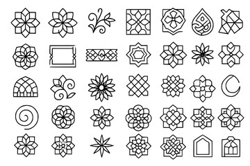 Islamic Mandala Icons Set: Arabesque, Floral Patterns, Geometric Designs, Crescent Moon, Mosque, Ornamental Art, Symmetry, Cultural Decor, Traditional Motifs, Flower Shapes, Spiral Elements, Frame Des