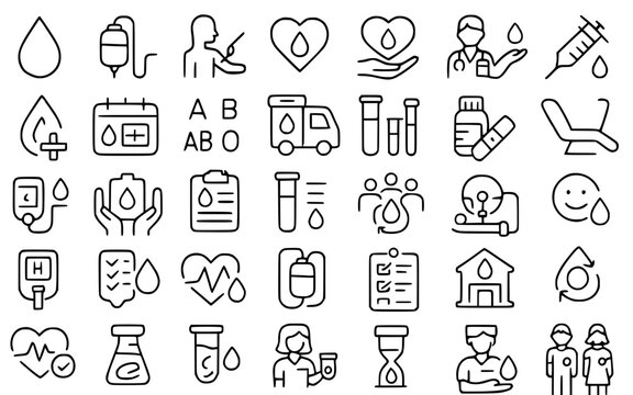 Blood Donation Icons Set: Blood Drop, Heart, Doctor, Nurse, Syringe, IV Drip, Ambulance, Test Tubes, Medicine, Bandage, Hospital Bed, Calendar, Blood Types, Donation Hands, Health, Care, Community, Bl