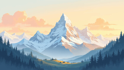 Obraz premium Serene Mountain Sunset with Snow-Capped Peaks and Forest