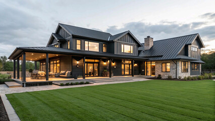 house in the park, Contemporary barndominium home with spacious outdoor entertainment area. Modern residence features black facade with large windows