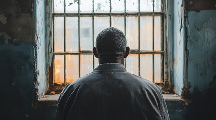 Naklejka premium Contemplative Man Standing Looking Through Grungy Window With Rusty Bars Inside