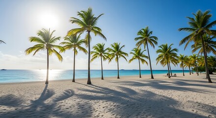 Tranquil beach scene with palm trees and sunny sky