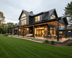 Obraz premium old house in the park, Contemporary barndominium home with spacious outdoor entertainment area. Modern residence features black facade with large windows
