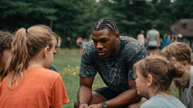 Closeup of a counselor leading a group of campers in a discussion about forgiveness, using reallife examples from the Bible to ilrate the importance of forgiving others.