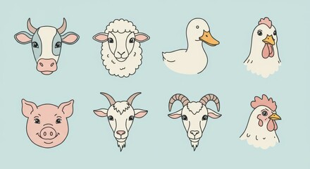Cartoon illustration of farm animals including a cow sheep duck chicken pig and two goats on blue