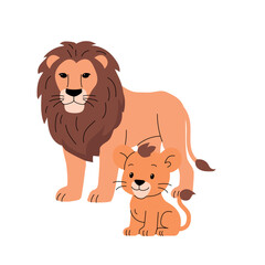 Flat vector illustration of a lion and cub. The adult lion has a dark brown mane, while the cub has a small tuft of hair and a cheerful expression. Cute, simple design perfect for childrens books or