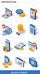 Isometric icons illustrating online payment methods, including laptop, smartphone, calculator, and monitor with coins.
