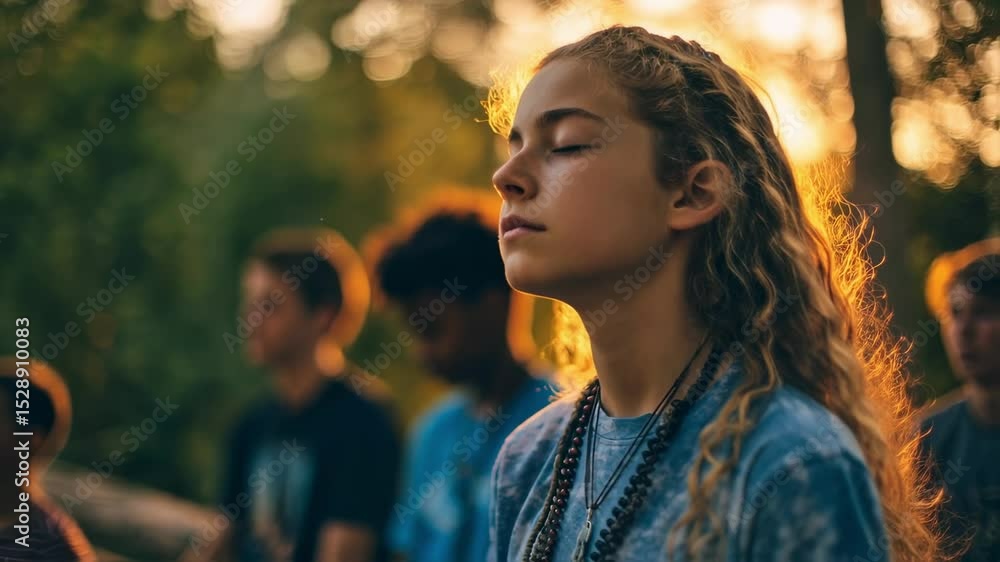 Poster closeup of a group of campers taking a break from activities to spend time in quiet reflection and p