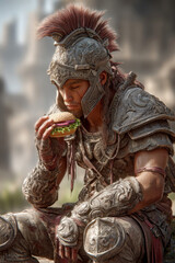 Obraz premium Warrior in ornate armor enjoys burger in serene setting