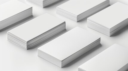 An elegant arrangement of white business cards stacked on a clean white surface, showcasing simplicity and professionalism, perfect for a minimalistic branding concept.