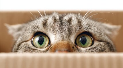 The curious cat peeking out from a cardboard box with big eyes