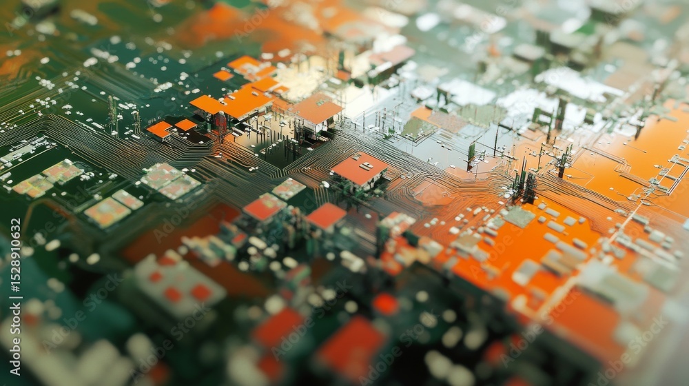 Poster close-up view of a green electronic circuit board with microchips, resistors, and conductive pathway