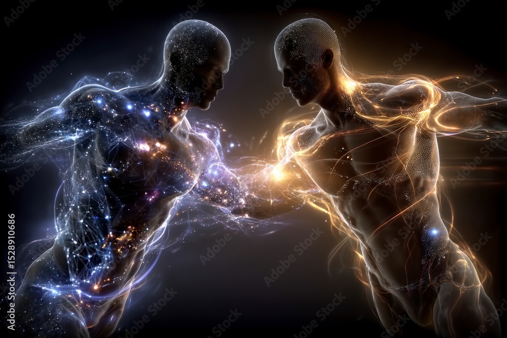 Poster abstract human figures glowing data network connection digital art
