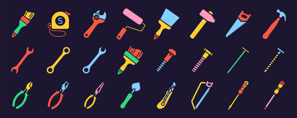 Construction tools vector colorful icon set. Adjustable wrench, brush, roller, hammer and nails. Screw, nut and bolt. Tape measure, screwdriver, putty knife, saw, pliers and wire cutters
